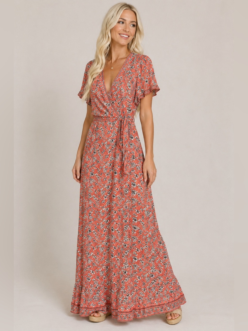 Max Edition Floral Maxi Dress Size L Boho Wrap Style Ruffle Sleeve Coral